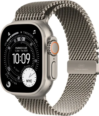 Apple Watch Ultra 3 49 мм, корпус из натурального титана, ремешок Milanese бежевого цвета, размер M